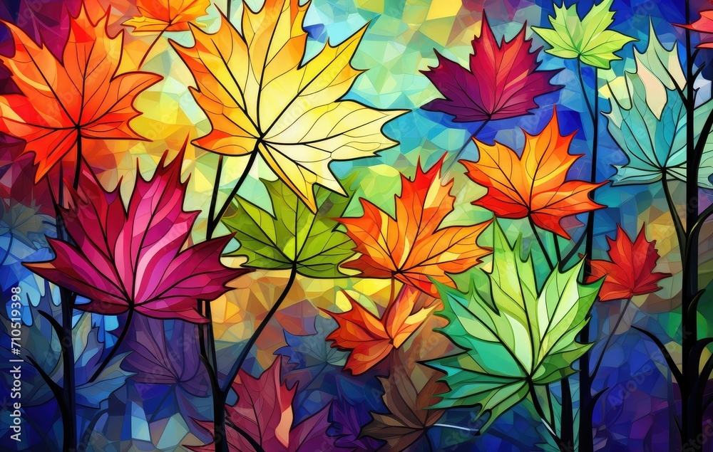 Vibrant Abstract Autumn Leaves in Stylized Geometric Patterns - Generative AI