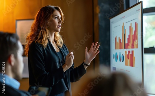 Woman showing slides on the board giving a lecture to people. Mature busineswoman pitching her idea to her team. photo