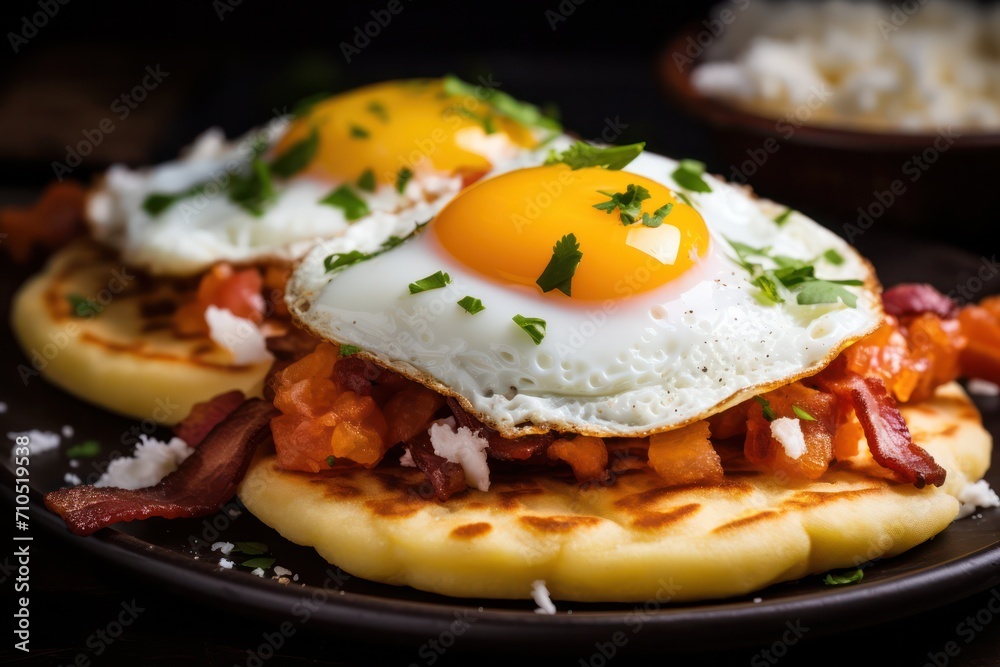 Venezuelan hispanic arepas with fried bacon and eggs for breakfast. Hispanic latin cuisine,