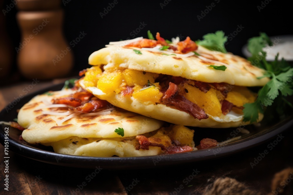 Venezuelan hispanic arepas with fried bacon and eggs for breakfast. Hispanic latin cuisine, Venezuelan hispanic arepas with fried bacon and eggs for breakfast. Hispanic latin cuisine,