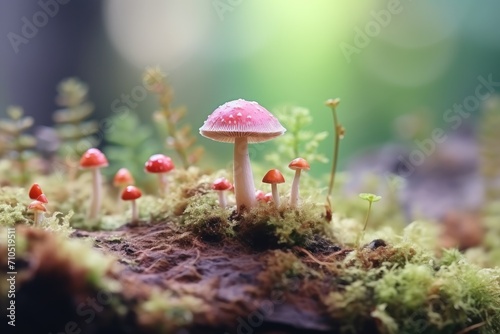 Enchanting Red Spotted Mushrooms Emerging from Mossy Forest Floor - Generative AI