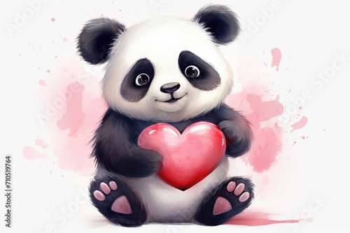 Adorable Panda Bear Holding a Pink Heart in a Love-Filled Illustration - Generative AI