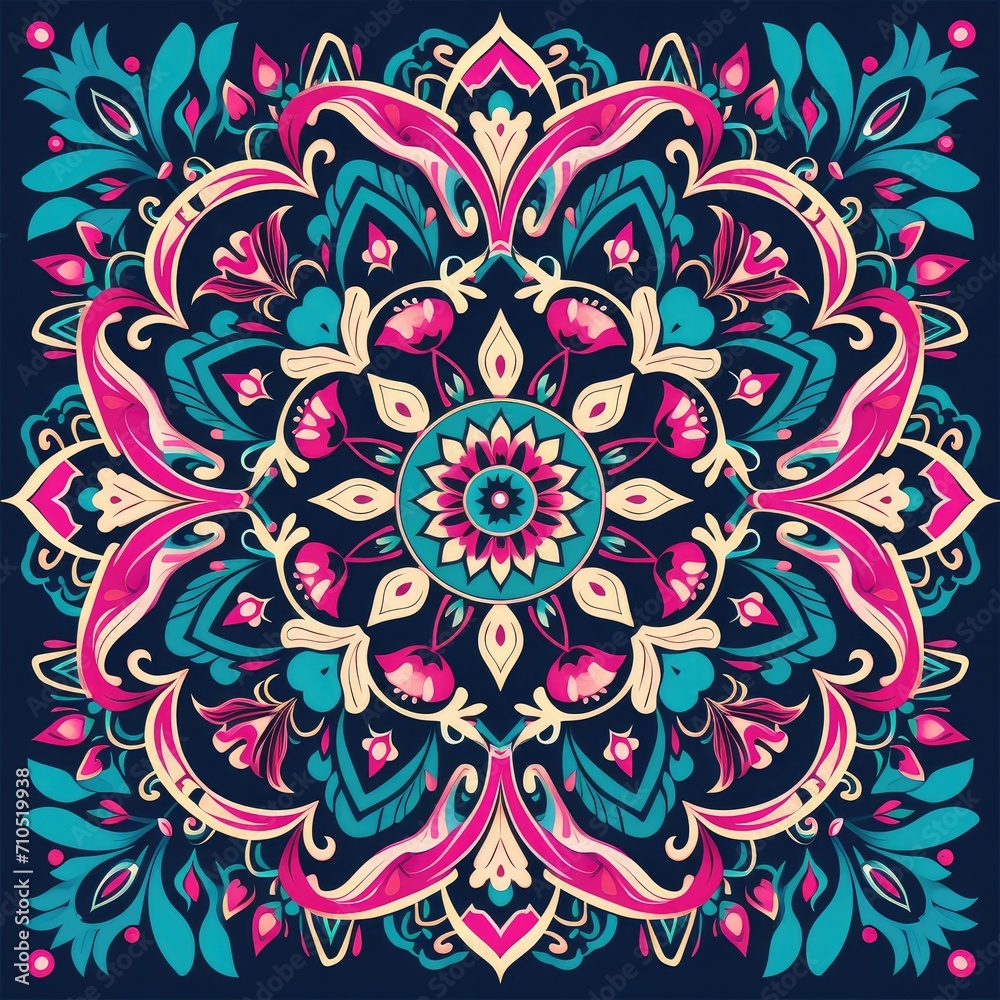A vibrant mandala print, featuring dark turquoise, light pink, intricate borders, hand-colored, and full of color. Generative AI A vibrant mandala print, featuring dark turquoise, light pink, intricate borders, hand-colored, and full of color. Generative AI