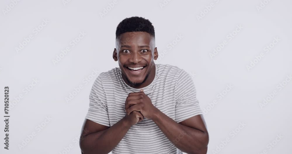 Man, face and excited surprise in studio or good news announcement, secret or accomplishment. Black person, shock and happy omg for reward excellence wow or victory target, mockup or white background Man, face and excited surprise in studio or good news announcement, secret or accomplishment. Black person, shock and happy omg for reward excellence wow or victory target, mockup or white background