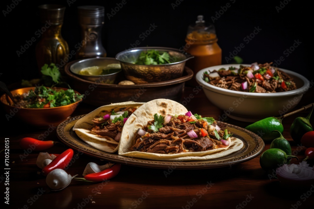 Tacos de barbacoa mexican dinner with onion. Barbecue taco snack. Pulled pork with pink onion. Tacos de barbacoa mexican dinner with onion. Barbecue taco snack. Pulled pork with pink onion.