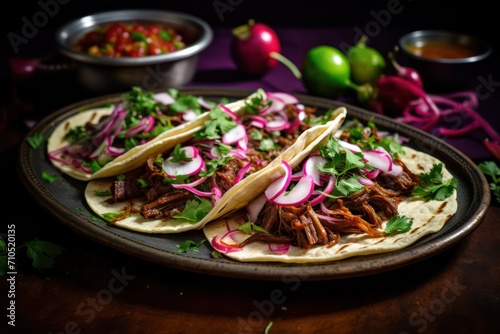Tacos de barbacoa mexican dinner with onion. Barbecue taco snack. Pulled pork with pink onion.