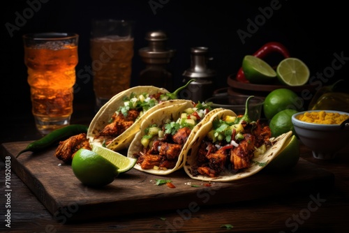 tacos al pastor on wooden board and michelada drink