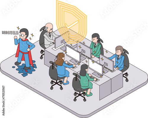コンピュータウイルスが蔓延している会社内にヒーローが助けに来るアイソメイラスト