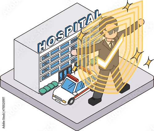 サイバー攻撃から守られている病院のアイソメイラスト