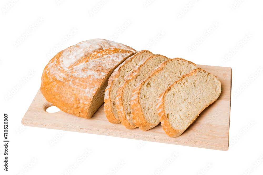 Assortment of freshly sliced baked bread with napkin isolated on white background. Healthy unleavened bread. French bread slice