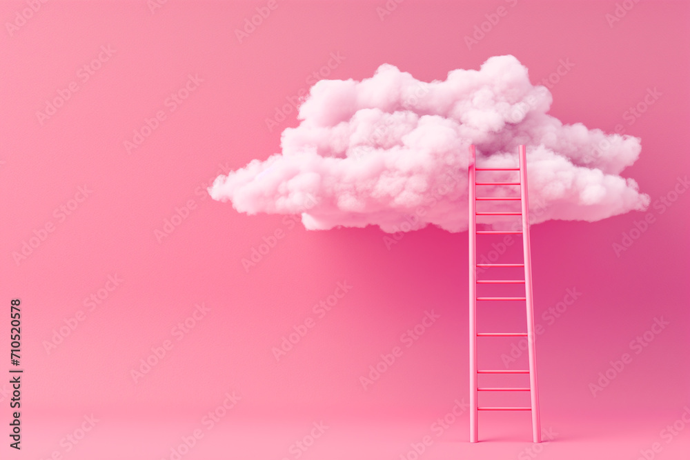 ladder to cloud on pink background. Success concept ladder leading to cloud. Minimalistic 3d image on pink background. Surreal image of a staircase leading into pink clouds