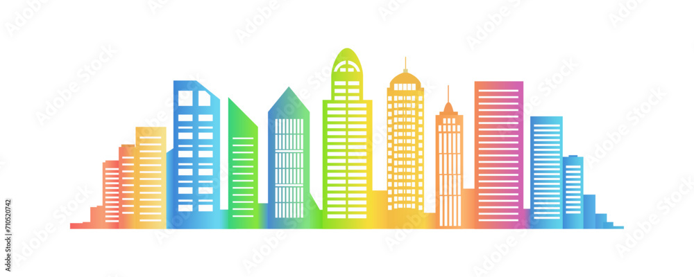 Silhouettes of the city, skyscrapers, buildings and houses with rainbow gradients for design. Buildings vector illustration for poster, banner, card or print. Cityscape.