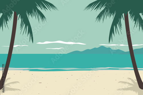 Sea sandy beach with palm trees, sea and mountain views. Simple vector illustration of paradise beach in flat style for design. Summer vacation.