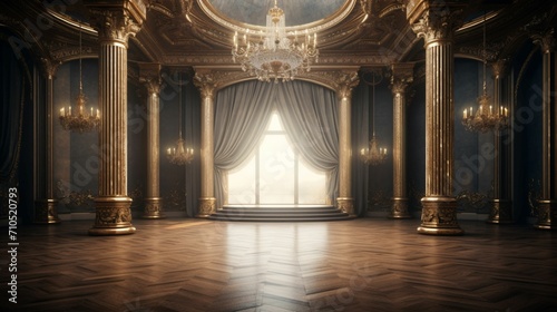 Elegance Unveiled: The Splendor of a Grand, Luxurious Empty Stage with Sublime Elegance Adorning the Background, Awaiting Artistic Revelation