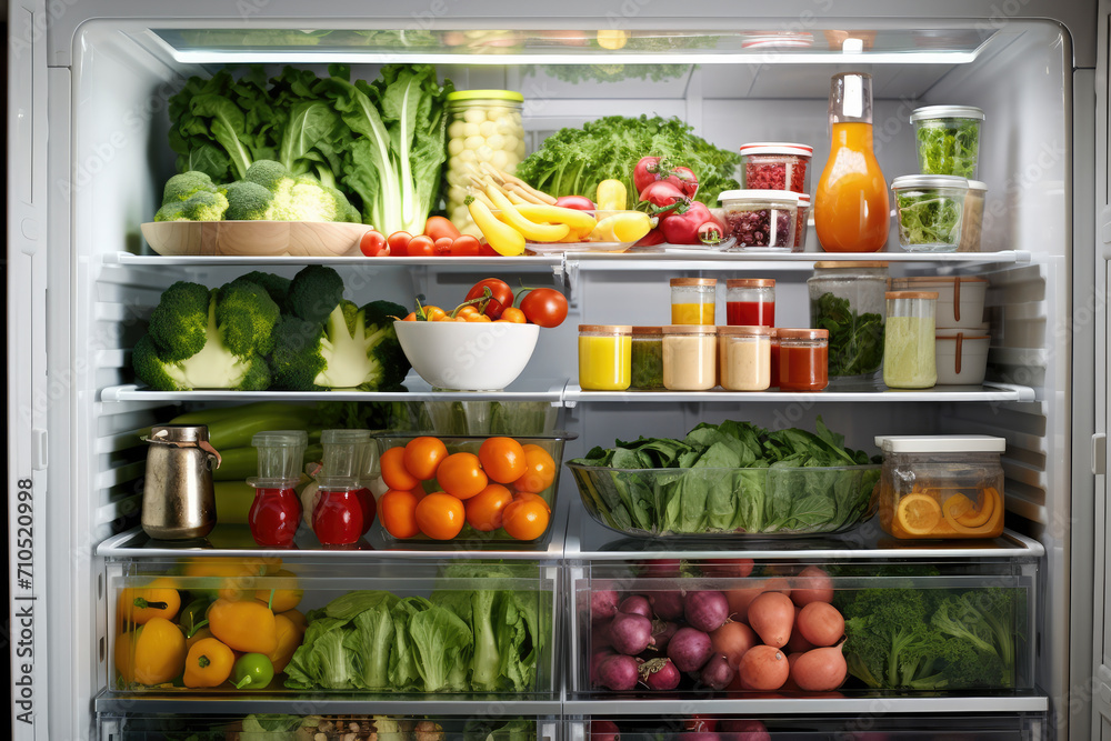 Open fridge, full of healthy vegetables and salads. Concept: Healthy, living Open fridge, full of healthy vegetables and salads. Concept: Healthy, living