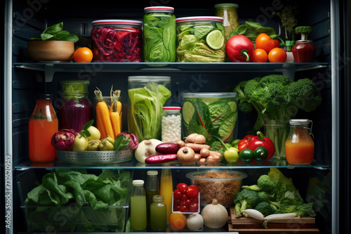 Open fridge  full of healthy vegetables and salads. Concept  Healthy  living 