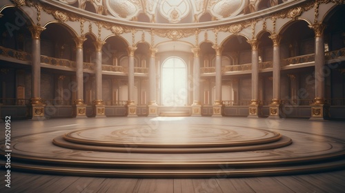 The Opulent Theater Grandeur: A Luxurious Empty Stage Bathed in Elegance, Awaiting the Symphony of Artistic Brilliance. 