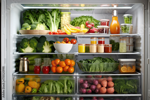 Open fridge, full of healthy vegetables and salads. Concept: Healthy, living 