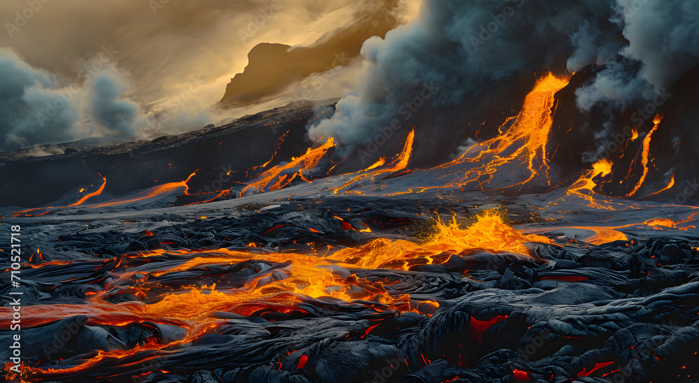 Lava flow and dark smoke at a volcanic eruption