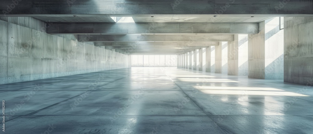 Empty underground parking background in modern building with concrete white walls with sunlight going through ceiling skylight portal, Template 3d rendering. Generative ai Empty underground parking background in modern building with concrete white walls with sunlight going through ceiling skylight portal, Template 3d rendering. Generative ai