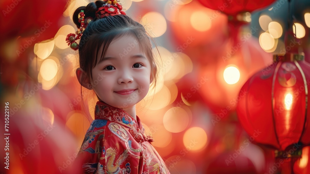 beauty smiling Chinese girl wearing new year traditional clothing celebrating the traditional activities of Spring Festival