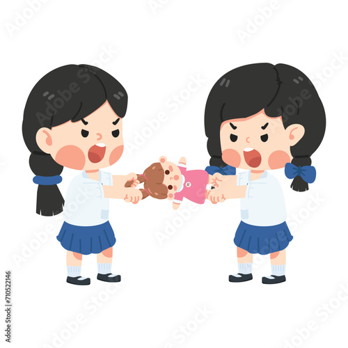 girl student pulling doll with friend and feel angry