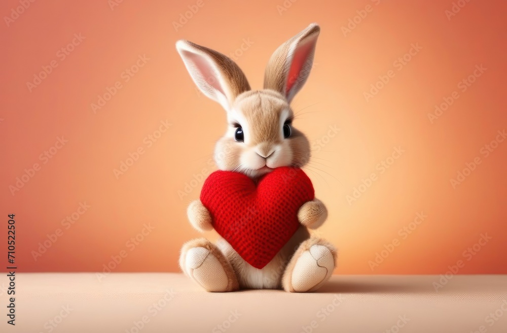 Obraz premium A cute bunny turn a red heart on a light backdrop for a delightful Valentine's Day.