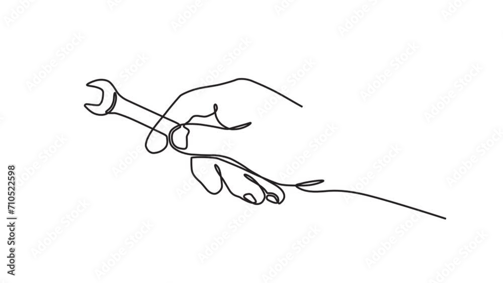 Continuous one line animation. Hand drawn animated motion graphic element of a hand holding a wrench. concept of repair, service, construction, mechanics. 4k videos Continuous one line animation. Hand drawn animated motion graphic element of a hand holding a wrench. concept of repair, service, construction, mechanics. 4k videos