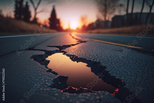 Nature's Fury Unleashed: Aftermath of an Earthquake, Earth Split and Road Cracked Wide Open. A Powerful Visual Allegory of Natural Forces, Ideal for Illustrating Resilience and Rebuilding Concepts photo