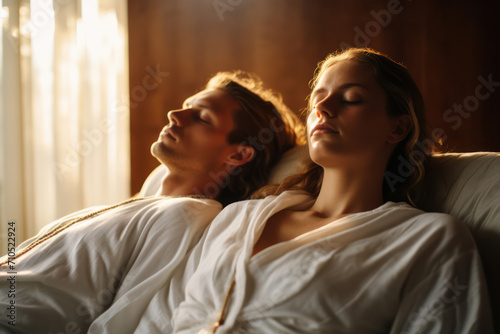 Happy Caucasian Couple Sleeping Together in Romantic Bedroom at Home