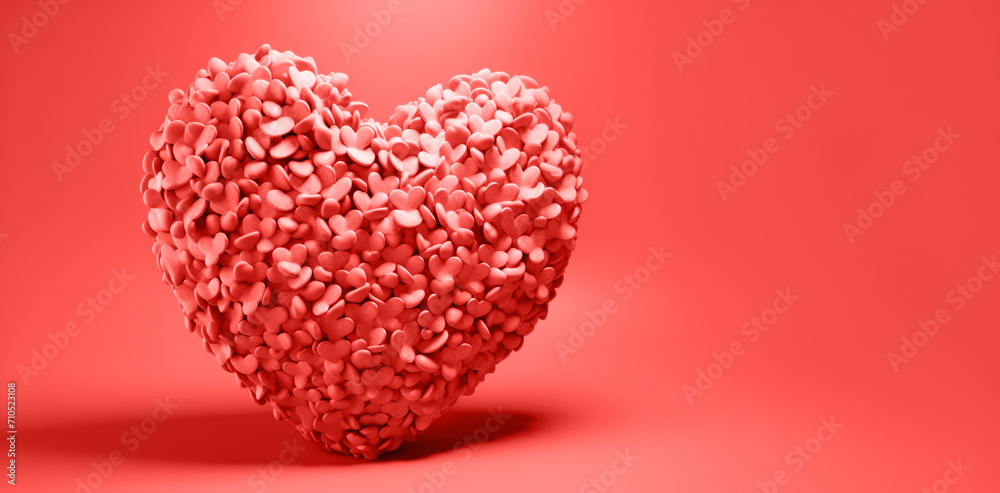Banner with Valentines Day heart made of red small hearts closeup isolated on red background. Generated by AI Banner with Valentines Day heart made of red small hearts closeup isolated on red background. Generated by AI