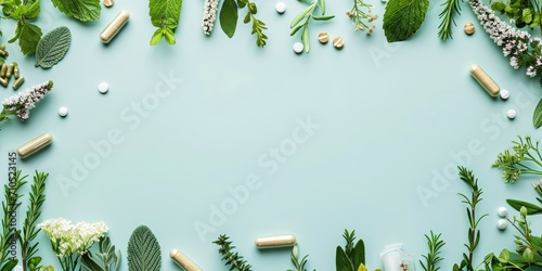 Herbal medicine in capsules made from herb leaves, top view photo