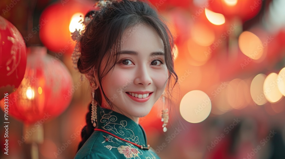 beauty smiling Chinese girl wearing new year traditional clothing celebrating the traditional activities of Spring Festival beauty smiling Chinese girl wearing new year traditional clothing celebrating the traditional activities of Spring Festival