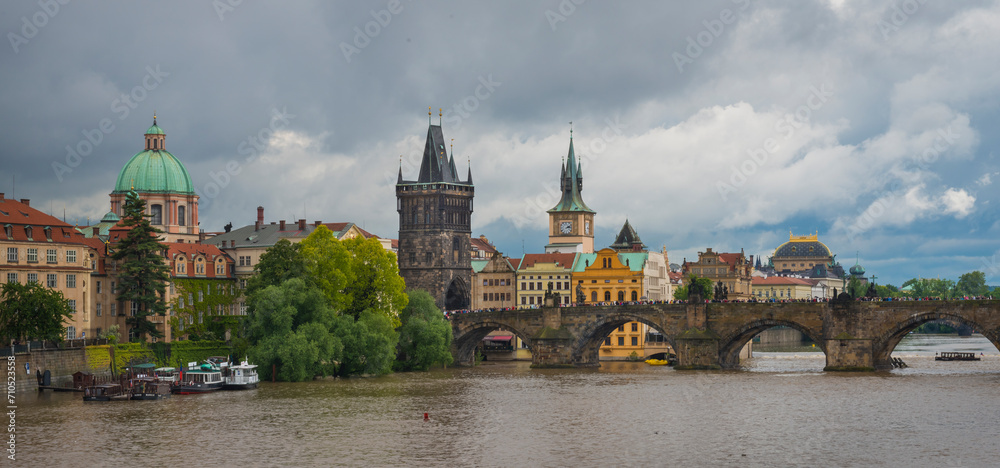 View of Charles Bridge crossing the Moldava River (Vltava River) in Prague, Praha, Czechia, Czech Republic. View of Charles Bridge crossing the Moldava River (Vltava River) in Prague, Praha, Czechia, Czech Republic.