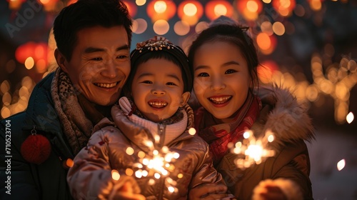 family and children enjoying sparklers on the Chinese new year