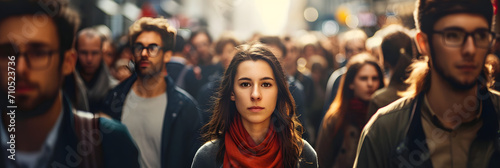 Large group of people standing in the street with focus on woman looking at camera, illustration photo
