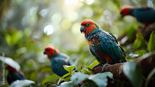 Amazon parrots sitting on the tree branch in the jungle.