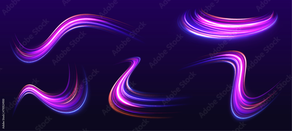 Particle motion light effect. Abstract fire flare trace lens flares. Long exposure of motorways as speed. Night motorway with light effects in neon colors purple. Particle motion light effect. Abstract fire flare trace lens flares. Long exposure of motorways as speed. Night motorway with light effects in neon colors purple.