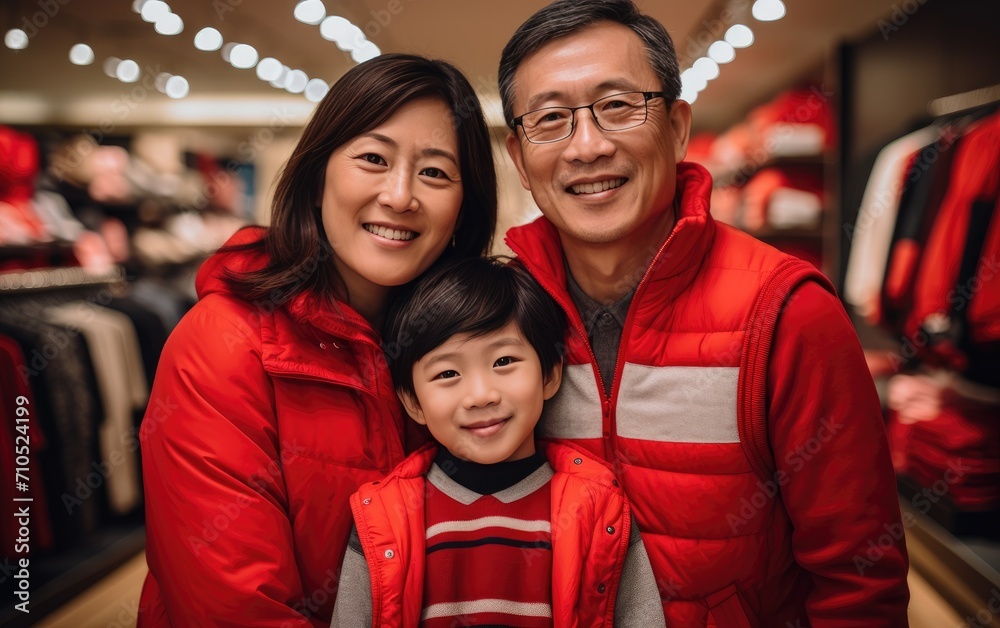 Fototapeta premium Asian smiling parents with kid wearing red new year clothes