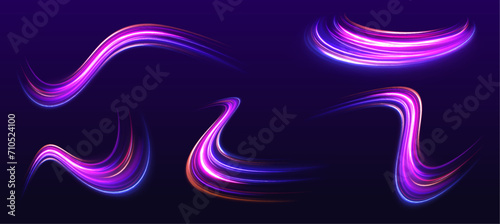 Particle motion light effect. Abstract fire flare trace lens flares. Long exposure of motorways as speed. Night motorway with light effects in neon colors purple.	