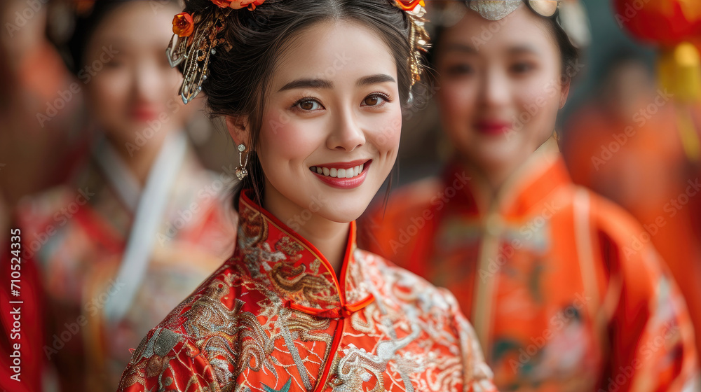 smiling fashion vogue Chinese family with traditional clothing celebrating the traditional New year