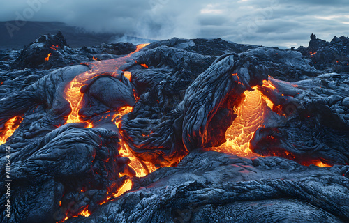 Lava flows - hot burning magma during volcano eruption