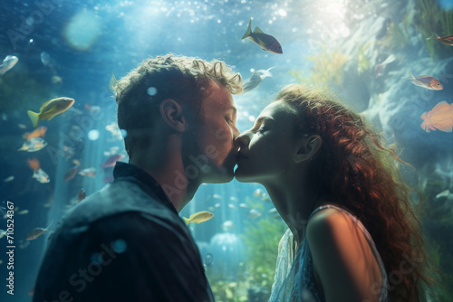 Summer holidays Generative AI picture young couple in love visiting aquarium oceanarium