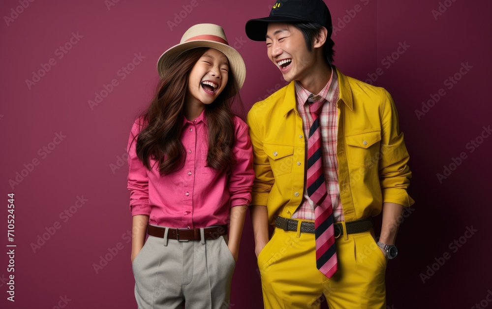 happy Asian family smiling and wearing bright clothes