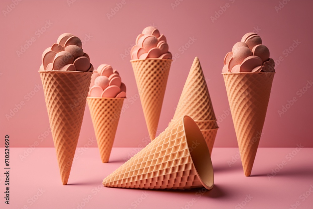 Confection: An Irresistible Ice Cream Cone, Sumptuous Swirls of Delight, Against a Vibrant Pink Backdrop. A Captivating Visual Treat Perfect for Adding a Splash of Sweetness