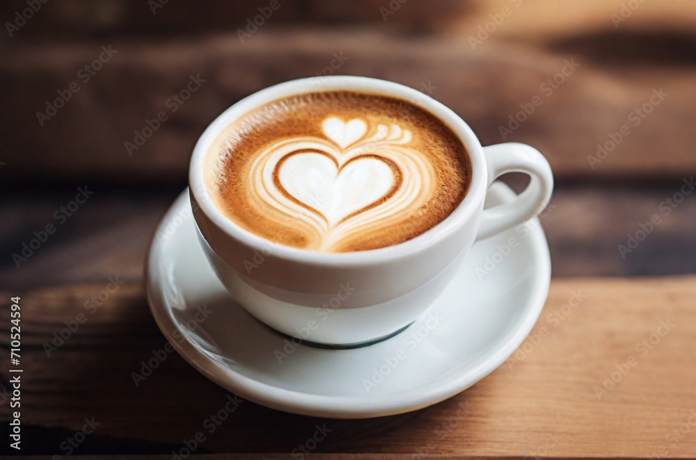 Close up white coffee cup with heart shape latte art on wood tab Close up white coffee cup with heart shape latte art on wood tab