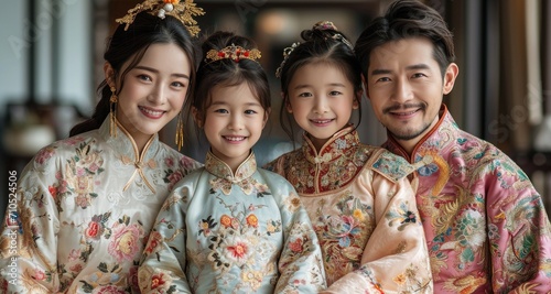 smiling fashion vogue Chinese family with traditional clothing celebrating the traditional New year