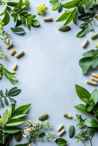 Herbal medicine in capsules made from herb leaves, top view