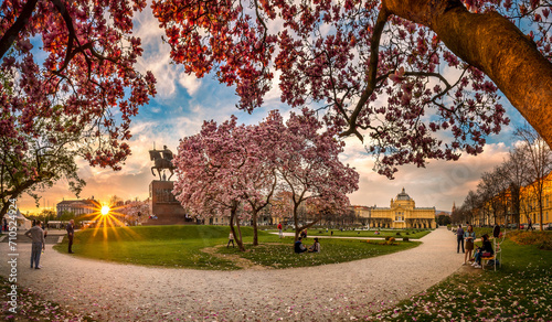 Zagreb, Croatia - 30 November 2016: Panoramic view of Tomislav Park with magnolia blossom at sunset, in Croatia. photo