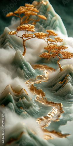 Paisagem japonesa com árvores e montanhas nas cores verde esmeralda e dourado como o outro - Fundo de tela 